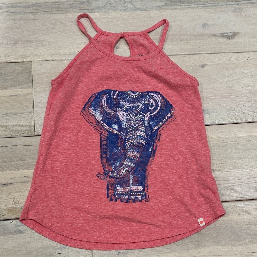 Lucky Brand Pink Tank Top with Blue Elephant Design silver raised details